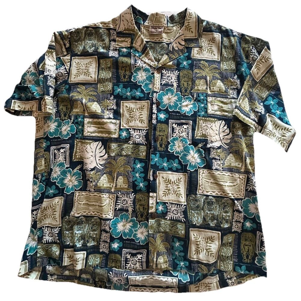 Vtg Aloha Hut Hawaiian Men’s Shirt Blue Green Hibiscus Canoe 100% Cotton Size 2X